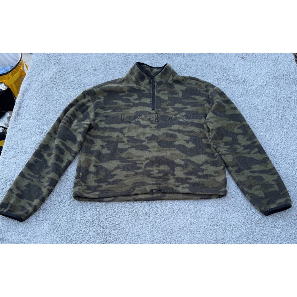 Bebe Sweater Women Large Green Camouflage Long Sleeve 1/4 Zip Camo Military Y2K